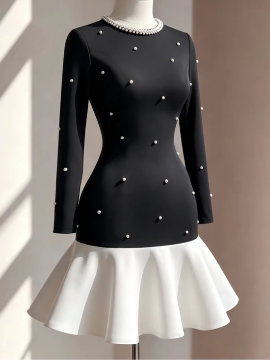 Dresses & Skirts - Women's Elegant French Round Neck Beaded Fitted Versatile Knit Long